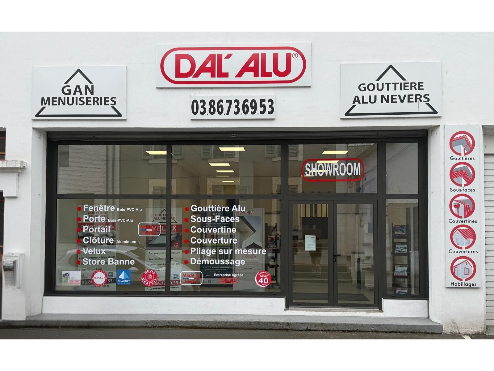 Devanture vitrine dal alu, gouttière alu Nevers